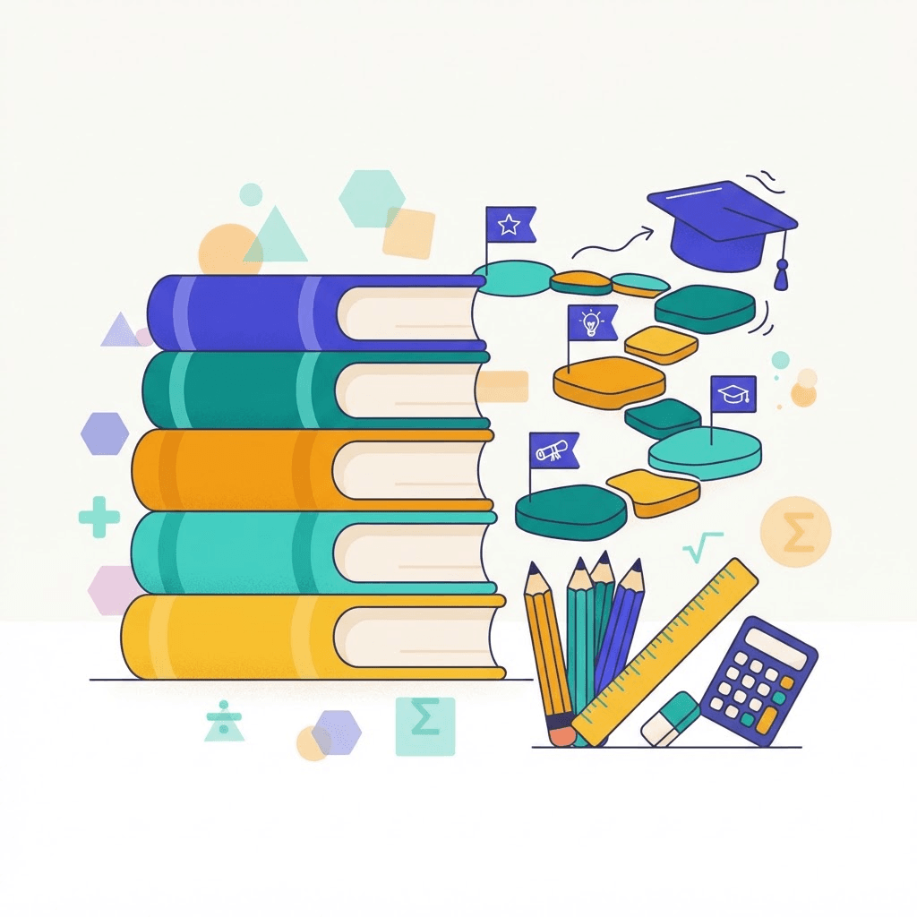 Illustration of books, pencils and a learning path